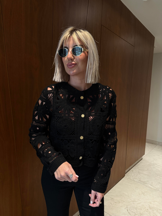 Gold Düğmeli , Siyah , Dantel Ajur Triko