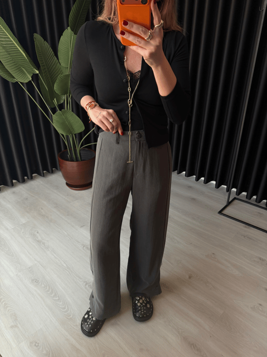 Antrasit Premium Tok Tencel Kumaş, Paçası Düğme Detaylı Pantalon 