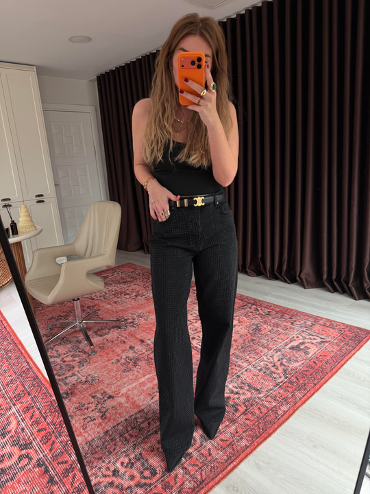 Orijinal Model , Önü Full Taşlı , Siyah Palazzo Jean