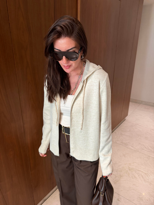 Taş , Kapüşonlu , Fermuarlı Triko Sweatshirt