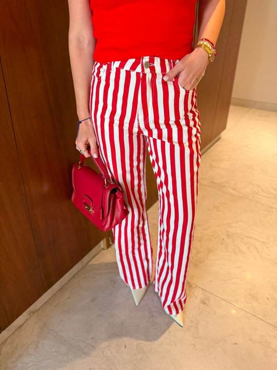 Kırmızı Beyaz Çizgili , Tencel Pantolon