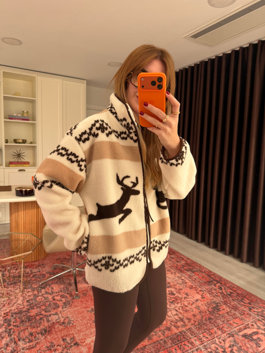 Orijinal Model , Kahve Desenli , Fermuarlı Polar Mont
