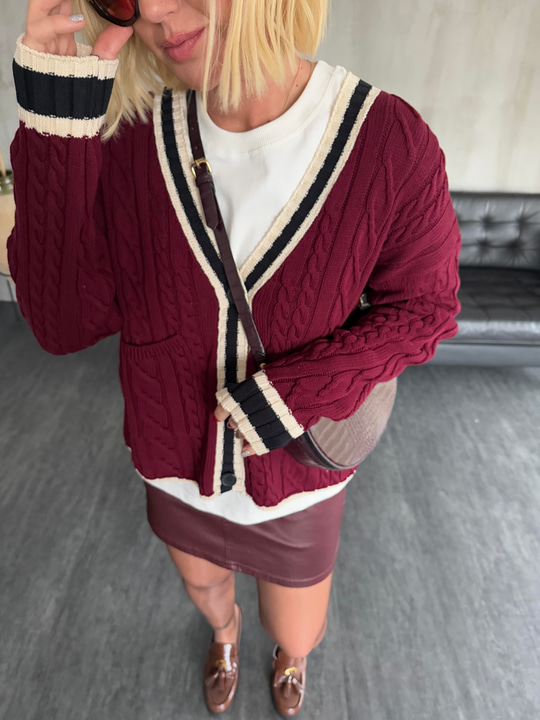 Premium Kalite , V Yaka , Bordo & Ekru , Triko Hırka