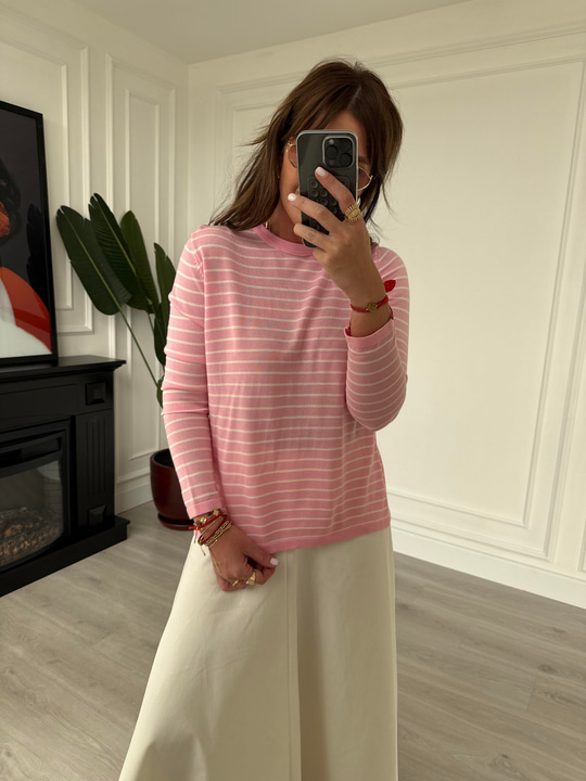 Orijinal Marka , Pembe Çizgili , Bisiklet Yaka , Merserize