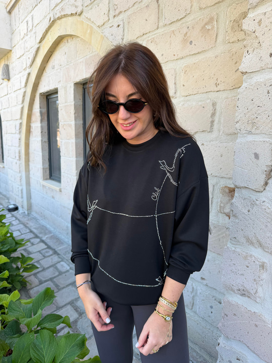 Orijinal Marka , Taş İşlemeli , Siyah Sweatshirt