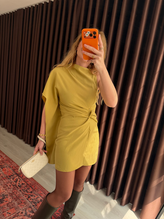 Orijinal Model , Asimetrik , Kısa Kollu , Yağ Yeşili Pelerin Elbise