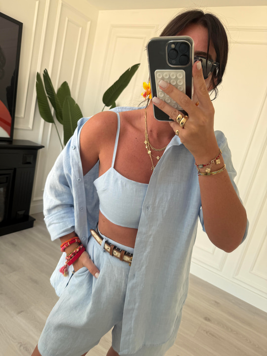 %100 İthal Keten , Bebe Mavisi , Çift Kat Askılı Bluz