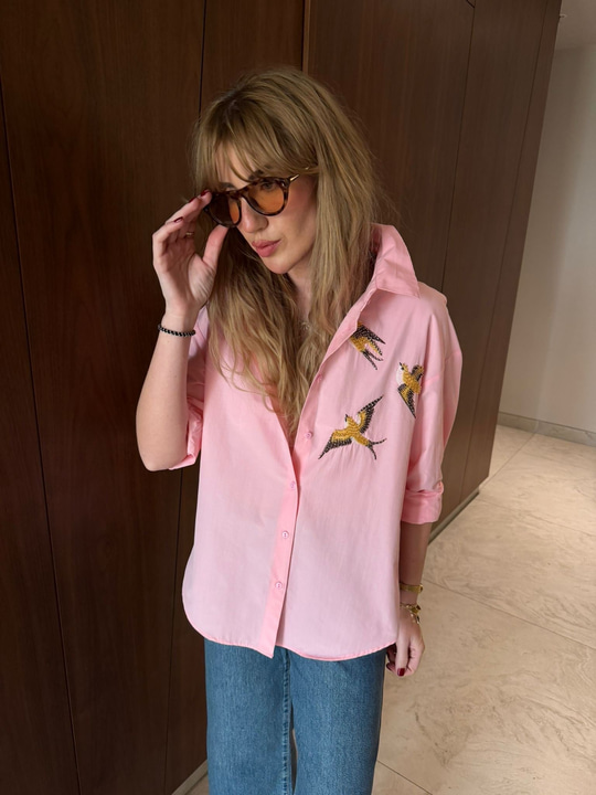 Boncuk Kuş İşlemeli , Pembe Poplin Gömlek