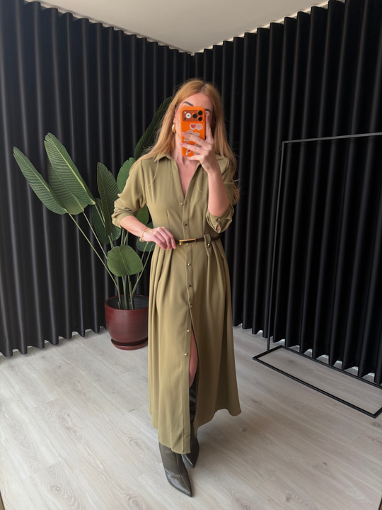 Orijinal Model , Double Krep Kumaş , Kemerli Haki Elbise