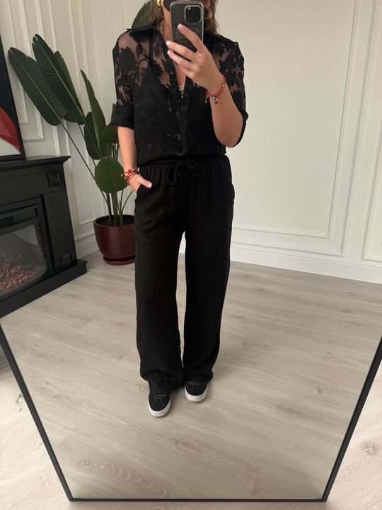 Siyah, Beli Lastikli, Gabardin Tencel Premium Palazzo Pantolon