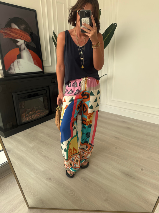 Beli Gizli Lastikl, Rengarenk Desenli Palazzo Pantolon