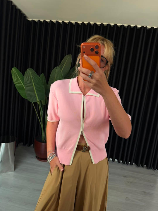 Çift Fermuarlı , Beyaz Biyeli , Pembe Merserize