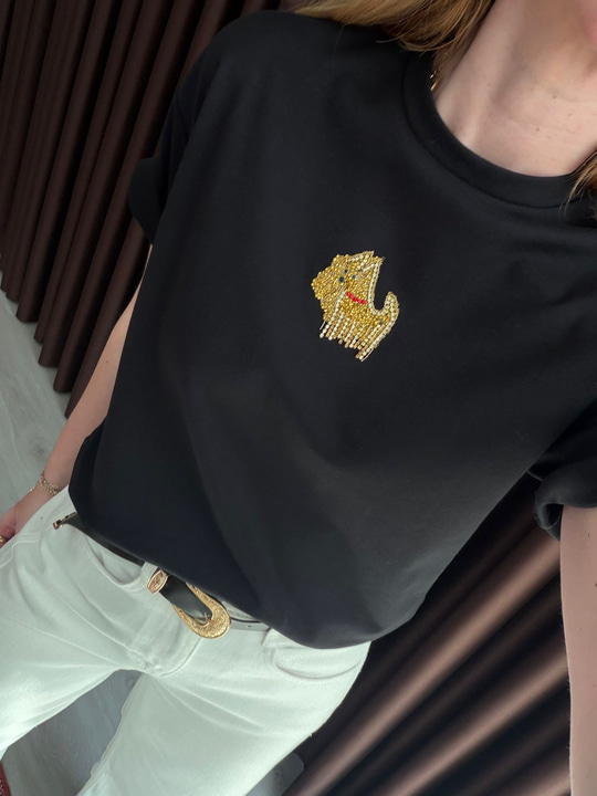 Bgm Marka , Zirkon Taş İşlemeli , %100 Cotton , Siyah T-shirt