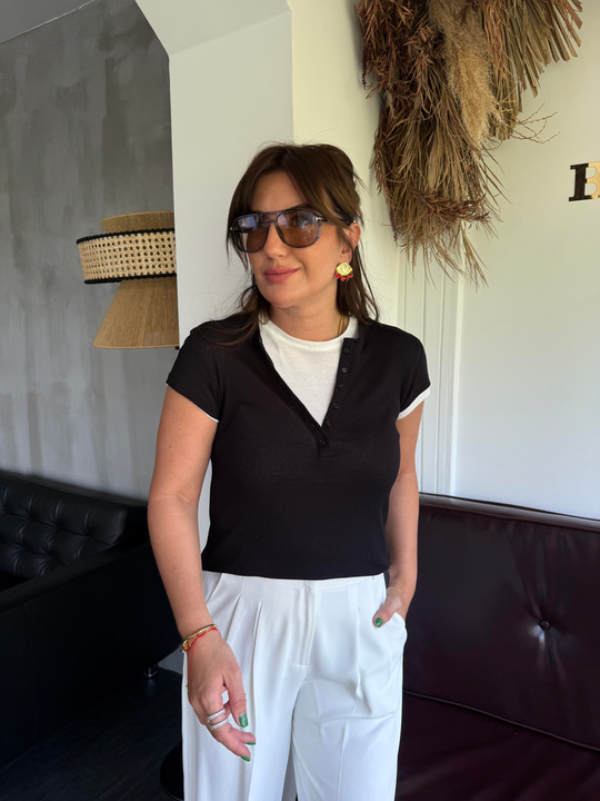 Çift Katlı , Önden Düğmeli , Siyah T-shirt