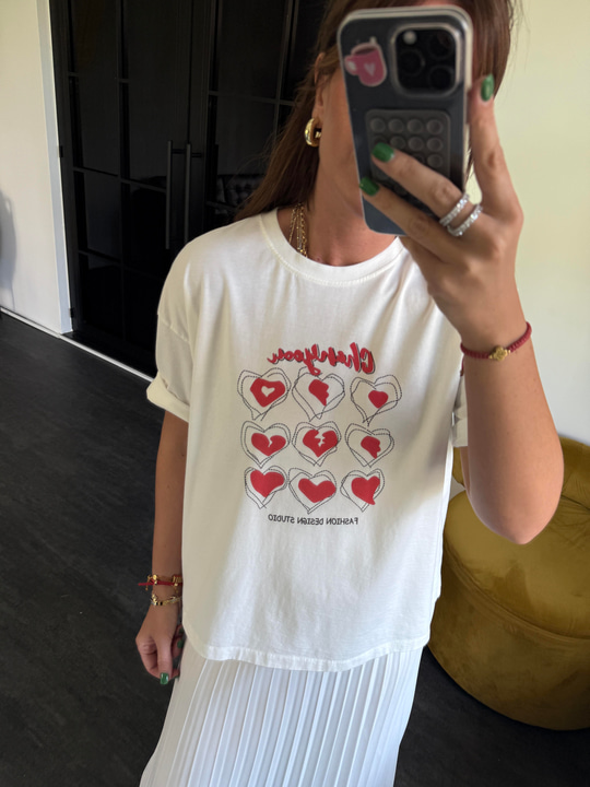 Kalp Desenli , Ekru T-shirt