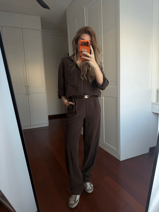 Orijinal Model , Beyaz Dikiş Detaylı , Tok Tencel , Acıkahve Takım