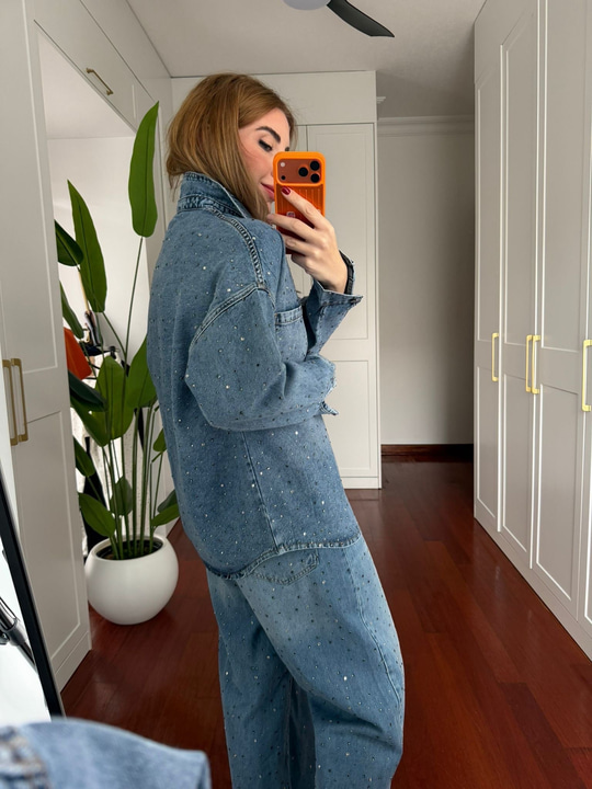 Orijinal Model , Full Taş İşlemeli , Lacivert Jean Ceket