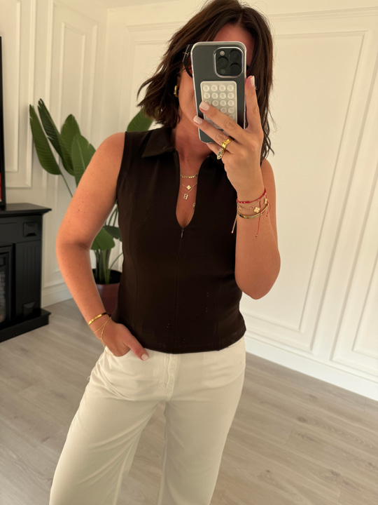 Önden Gizli Fermuarlı , Acı Kahve , Polo Yaka T-shirt