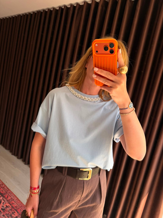 Orijinal Marka , Yakası İnci & Taşlı , Bebe Mavisi T-shirt