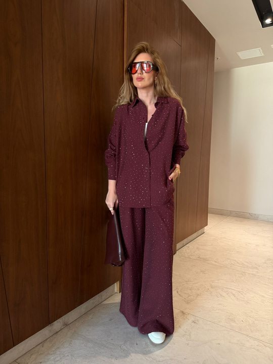 Bordo , Full Taşlı , Modal Tencel , Gömlek & Pantolon Takım