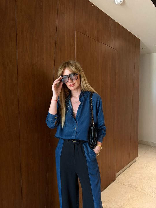 Premium Tencel Jean Mix Lacivert Gömlek & Pantolon Takım