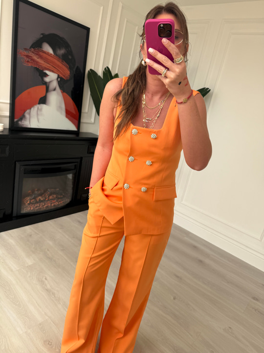 Taş Düğmeli, Orange Yelek & Pantalon Takım