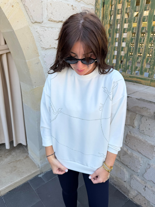 Orijinal Marka , Taş İşlemeli , Beyaz Sweatshirt