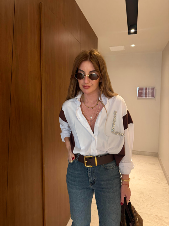 Orijinal Model , Triko Garnili , Taş İşlemeli , Tasarım Beyaz Gömlek
