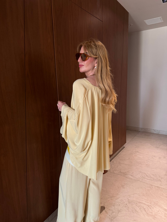 Premium Tencel Kumaş , Lastikli Pantolon & Gömlek , Sarı Takım
