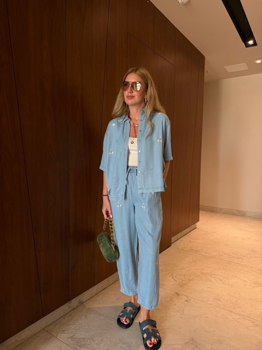 Çiçek Nakışlı , Beli Lastikli , Tencel Jean Takım