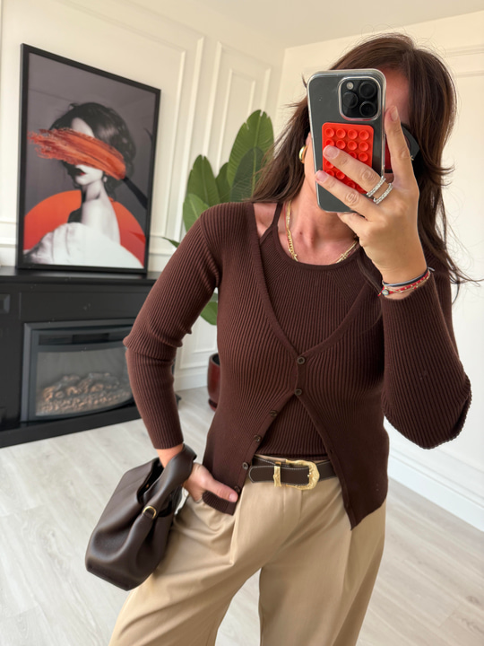 Halter Yakalı Atlet & Hırka , Acı Kahve Triko Takım