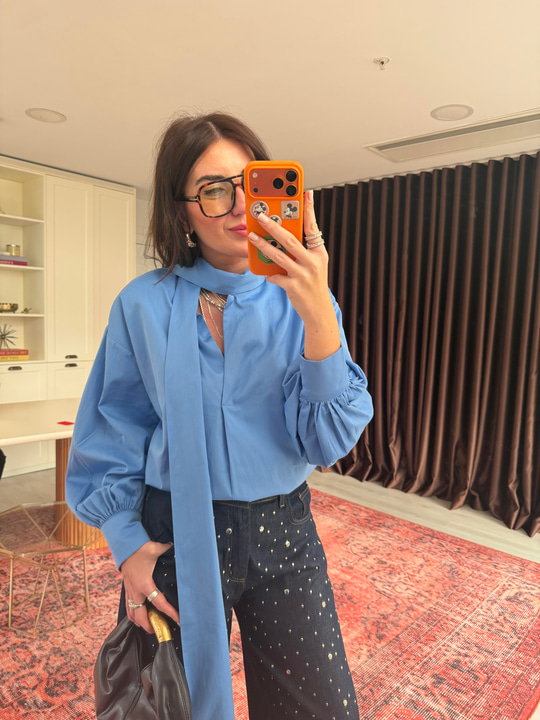 Şal Yakalı , %100 Cotton , Bebe Mavisi Tasarım Gömlek
