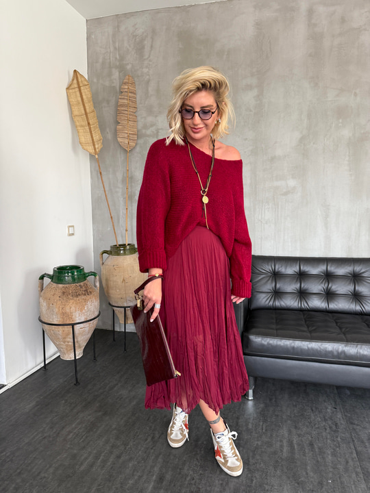 Buruşuk Model , İçi Astarlı , Bordo Midi Etek