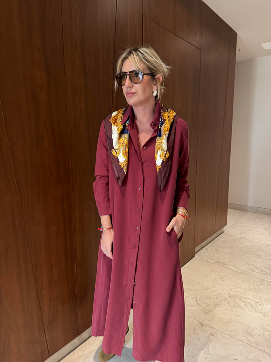 Kemerli , Tencel Modal , Bordo , Gömlek Elbise