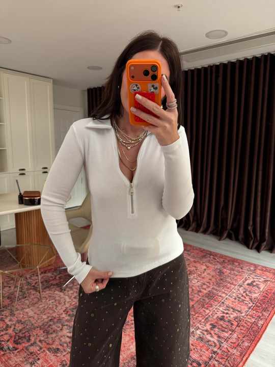 Polo Yaka Fermuarlı , Beyaz Body