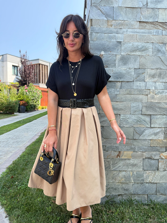 Siyah Deri Kemerli , Siyah & Taba Elbise
