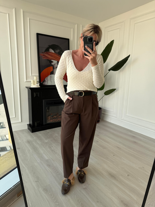 Premium Likralı Krep Kumaş , Kemerli Acı Kahve Pantolon