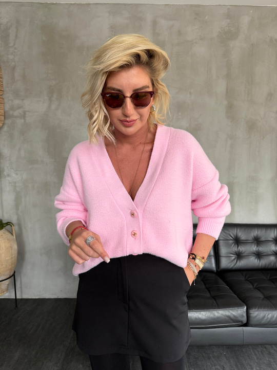 Marka Logo Düğmeli , Pembe , Angora Triko Hırka