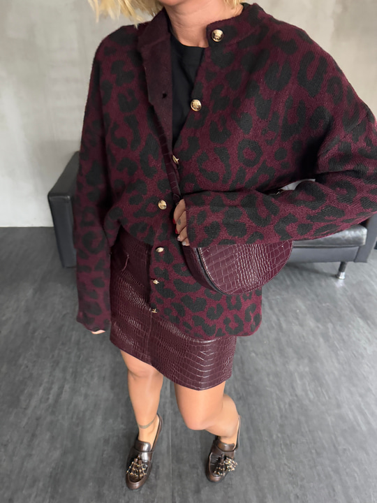 Bordo Leopar Desenli , Gold Düğmeli , Triko Ceket