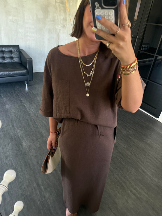 Orijinal Model, Acı Kahve Keten Etek & Bluz Takım