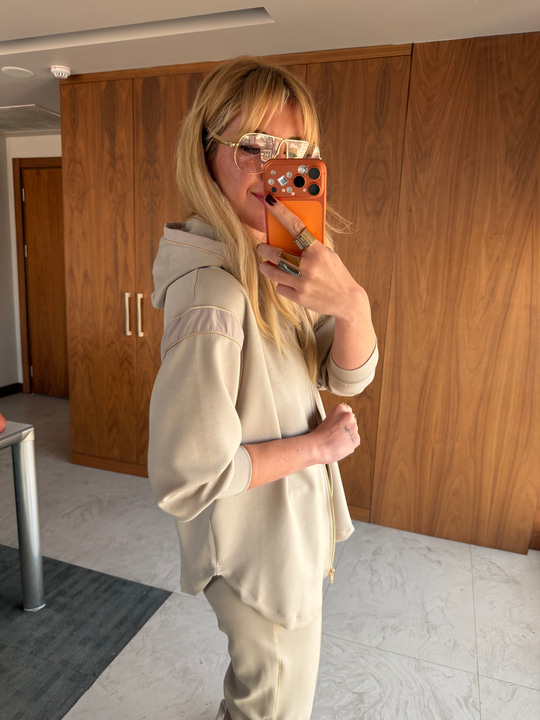 Bej Orijinal Model Boncuk Şeritli Premium Modal Elşofman Takımı