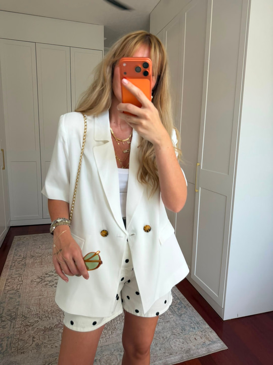 Tencel Dokuda , Kısa Kollu , Premium Beyaz Blazer Ceket