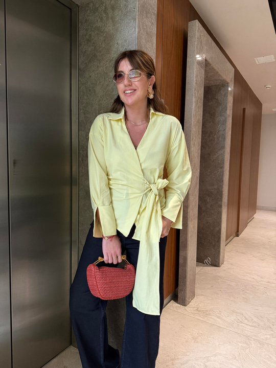 Kruvaze Bağlamalı , Sarı Poplin Gömlek