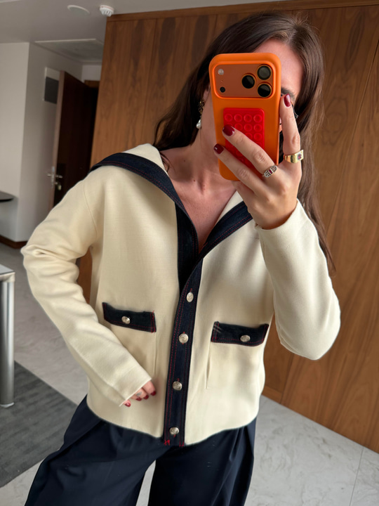 Orijinal Model Jean Detaylı Ekru Tasarım Triko