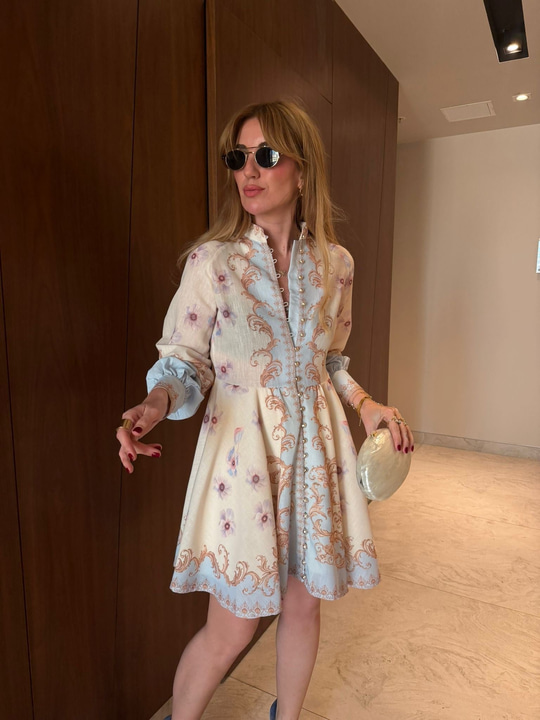 Önden Düğmeli , Bej & Bebe Mavisi , Astarlı Tasarım Elbise