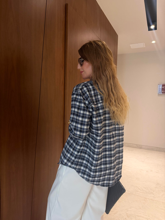 Lacivert Ekoseli , Parıltılı Taşlı Gömlek