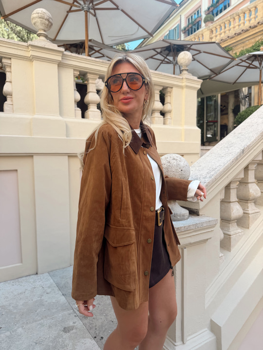 Acıkahve Yakalı Taba Premium Süet Ceket