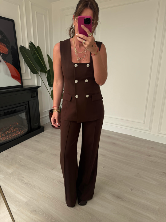 Taş Düğmeli, Acı Kahve Yelek & Pantalon Takım