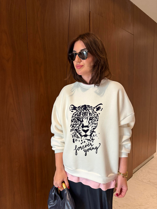 T-shirt Detaylı , Leopar Desenli , Ekru Sweatshirt