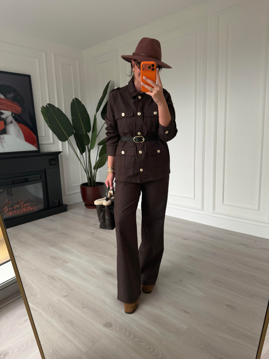 Düğme Detaylı, Kemerli Acıkahve Ceket & Pantalon Takım
